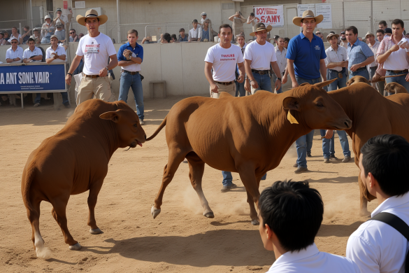 un hombre intenta atar a una vaca en un ring de rodeo mientras la gente observa desde las gradas observando a los hombres, Clovis Trouille, occidental, una foto, mingei