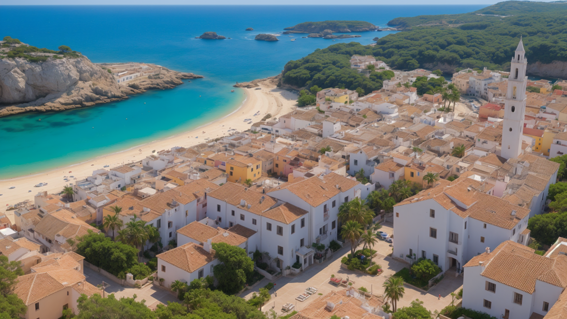 una vista de pájaro de una playa y un pueblo en medio del océano con una iglesia en la orilla, nombre de Carlos Trillo, vista aérea, una foto de cambio de inclinación, regionalismo