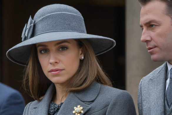 una mujer con un sombrero gris y un hombre con traje y corbata están uno al lado del otro frente a un edificio, Anna Maria Barbara Abesch, imagen promocional, una foto, gótico internacional