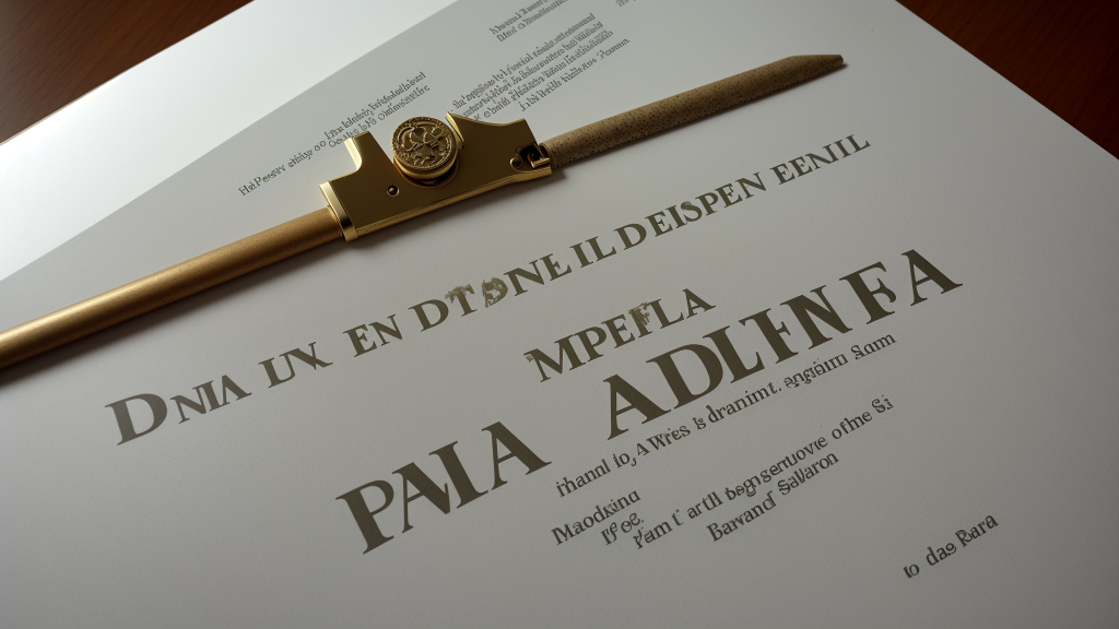 un diploma con un mango dorado encima sobre una mesa con un bolígrafo y papel, Aldus Manutius, premio, un grabado, estilo tipográfico internacional