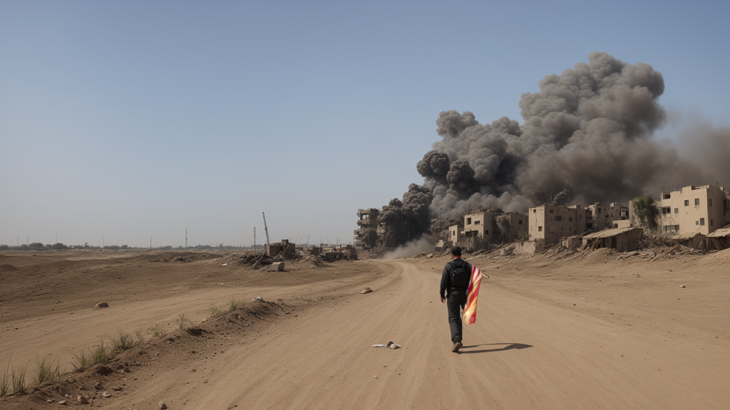 un hombre caminando por un camino de tierra con una bandera frente a un gran incendio que sale de un edificio, Arie Smit, vfx, una pintura mate, nueva objetividad