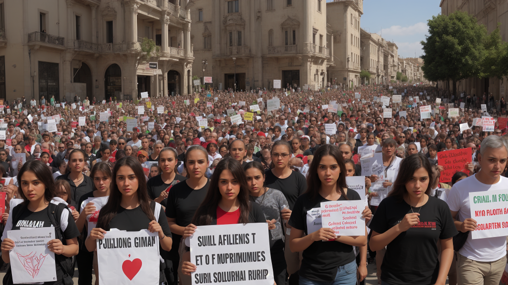 un gran grupo de personas con carteles y de pie frente a un edificio con mucha gente con carteles, Bouchta El Hayani, escena enorme, una foto, les automatistes