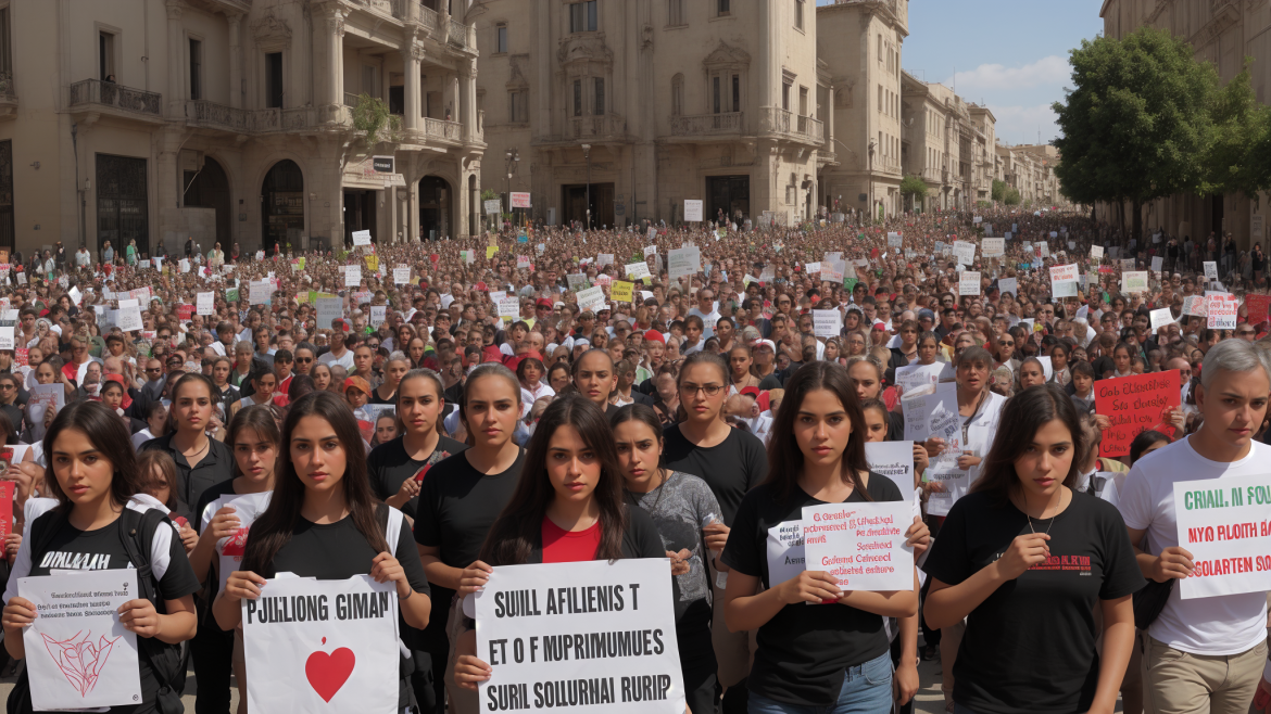 un gran grupo de personas con carteles y de pie frente a un edificio con mucha gente con carteles, Bouchta El Hayani, escena enorme, una foto, les automatistes