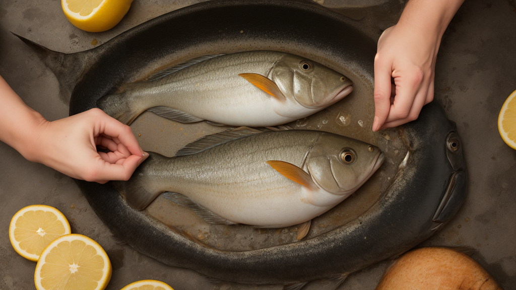 se cocinan dos pescados en una sartén con limones y las manos de una persona sostienen el pescado, Carpoforo Tencalla, fotografía gastronómica profesional, una fotografía de archivo, hiperrealismo