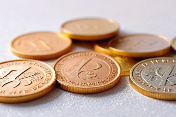 un montón de monedas de libra británica sobre una superficie blanca con un fondo blanco y algunas monedas de oro en la parte inferior, Andries Stock, behance hd, una representación 3D, incoherentes