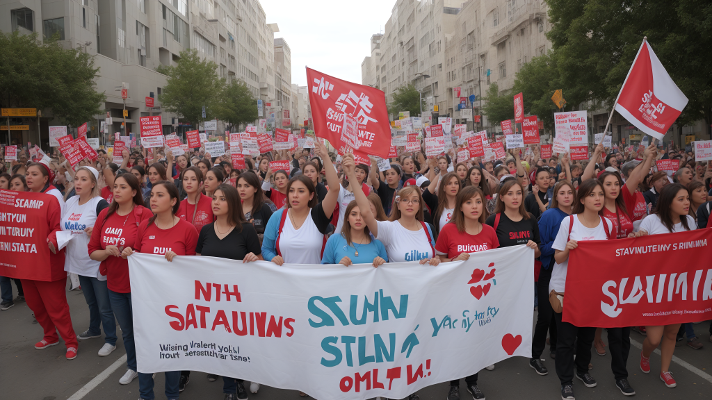 un grupo de personas sosteniendo carteles y pancartas en una calle con edificios al fondo y un cielo de fondo, Bouchta El Hayani, imagen promocional, un cartel, les automatistes