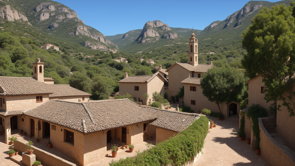 un pueblo con una montaña al fondo y algunos árboles al costado de la carretera frente a ella, Enguerrand Quarton, vista panorámica, una pintura mate, románico