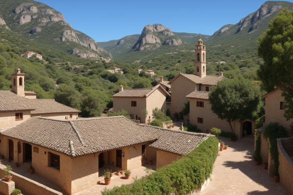 un pueblo con una montaña al fondo y algunos árboles al costado de la carretera frente a ella, Enguerrand Quarton, vista panorámica, una pintura mate, románico