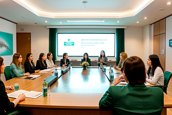 un grupo de mujeres sentadas alrededor de una mesa de conferencias frente a una pantalla con una presentación y una pantalla de proyección, Enguerrand Quarton, fotografía profesional, fotografía de archivo, crítica institucional