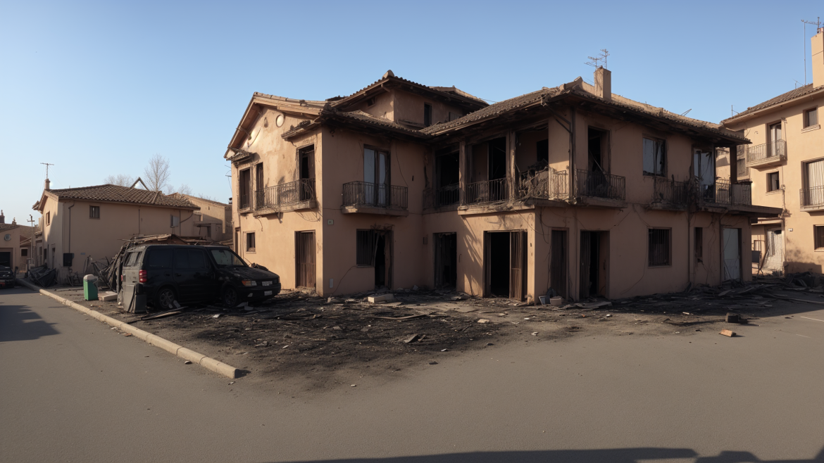 un auto estacionado frente a un edificio con muchos escombros en el suelo y un auto estacionado frente a él, Enguerrand Quarton, vfx, una pintura mate, arte autodestructivo