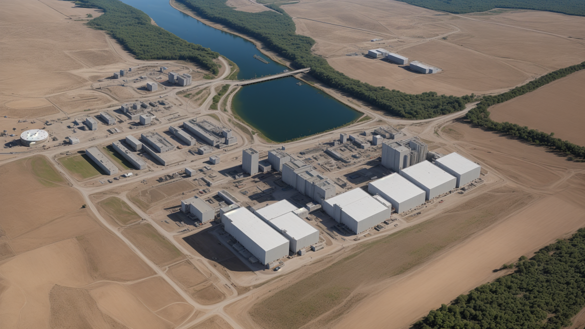 una gran zona industrial con una gran masa de agua en el medio y un gran edificio de fábrica en el medio de la imagen, Arlington Nelson Lindenmuth, increíblemente complejo, una foto de cambio de inclinación, arte ambiental