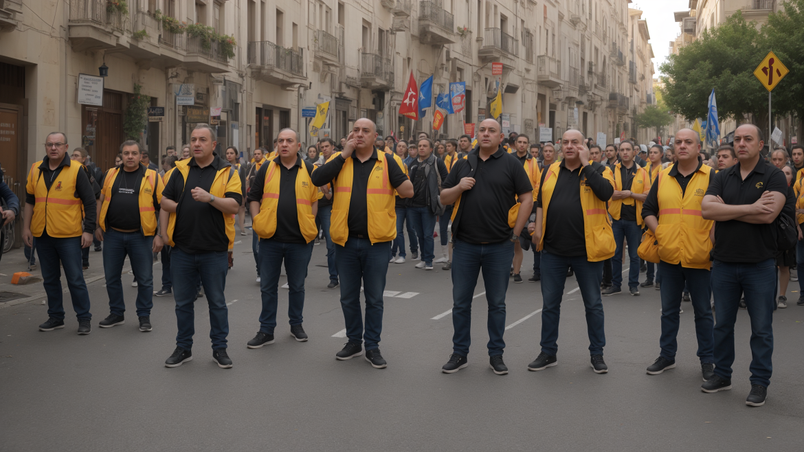 un grupo de hombres con chalecos amarillos parados en una calle con banderas y gente mirando al fondo, Edi Rama, vfx, una pintura renacentista, accionismo vienés