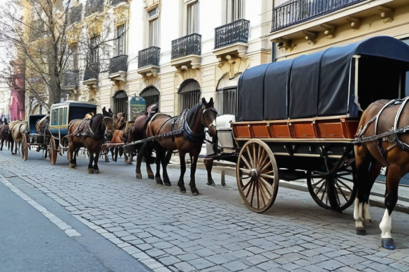 una fila de caballos tirando de un carruaje por una calle al lado de un edificio con un hombre caminando por la calle, Florence Engelbach, occidental, una pintura mate detallada, accionismo vienés