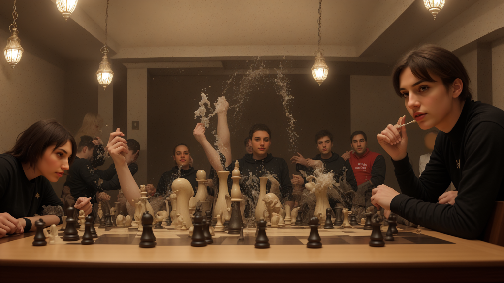 un grupo de personas sentadas alrededor de un tablero de ajedrez con humo saliendo de sus bocas y manos sobre el tablero de ajedrez, Christian W. Staudinger, vfx, una pintura surrealista, ilusionismo abstracto