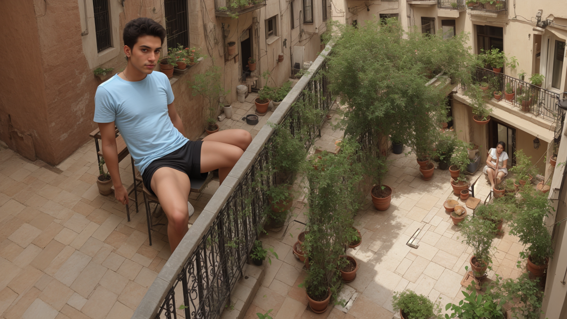 un hombre sentado en un balcón junto a un árbol y plantas en macetas en el patio de un edificio, david rubín, piel de oliva, una foto, arabesco