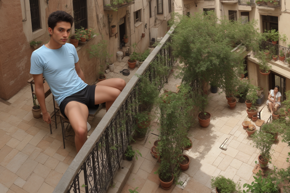 un hombre sentado en un balcón junto a un árbol y plantas en macetas en el patio de un edificio, david rubín, piel de oliva, una foto, arabesco