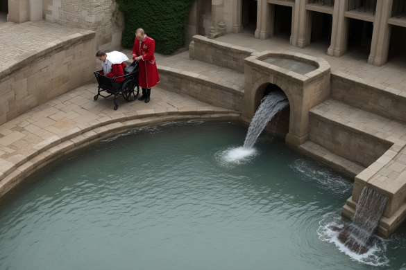 un par de personas paradas junto a una pequeña cascada en un charco de agua con una fuente en el medio, Fuente Cherryl, fotografía premiada, ilustración de libro de cuentos, crítica institucional
