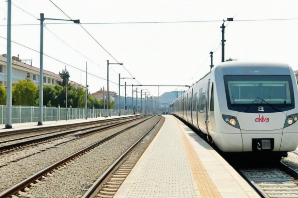 un tren baja por las vías en una zona de la ciudad con casas y árboles al fondo y una zona vallada con árboles, Almada Negreiros, ue 5, una representación digital, hurufiyya