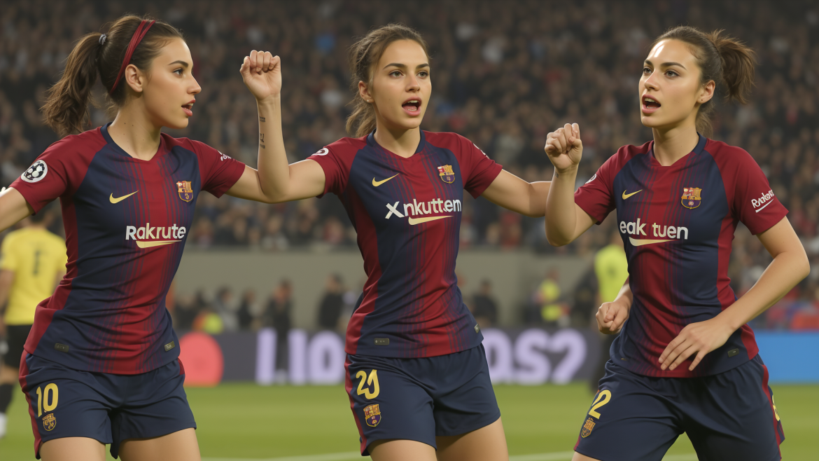 un grupo de futbolistas celebrando un gol en un estadio con una multitud observándolas desde las gradas, Carles Delclaux Is, imagen 4k uhd, una pintura renacentista, cubo-futurismo