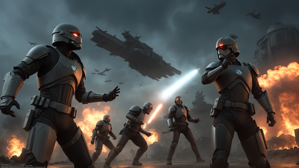 un grupo de personas en star wars the old republic con pistolas y luces en la cara y frente a un gran grupo de aviones, Eve Ryder, efecto de masa, arte conceptual, antípodas