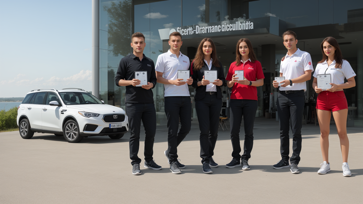 un grupo de personas paradas delante de un coche con papeles y un teléfono móvil en la mano y un coche al fondo, Avgust Černigoj, imagen promocional, fotografía de archivo, prensa privada