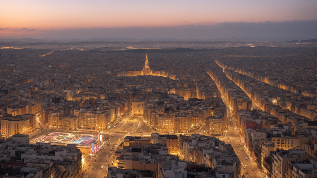 una ciudad de noche con un gran edificio iluminado en medio de la ciudad y un gran edificio con una gran luz, Edi Rama, vista panorámica, una foto de cambio de inclinación, les nabis