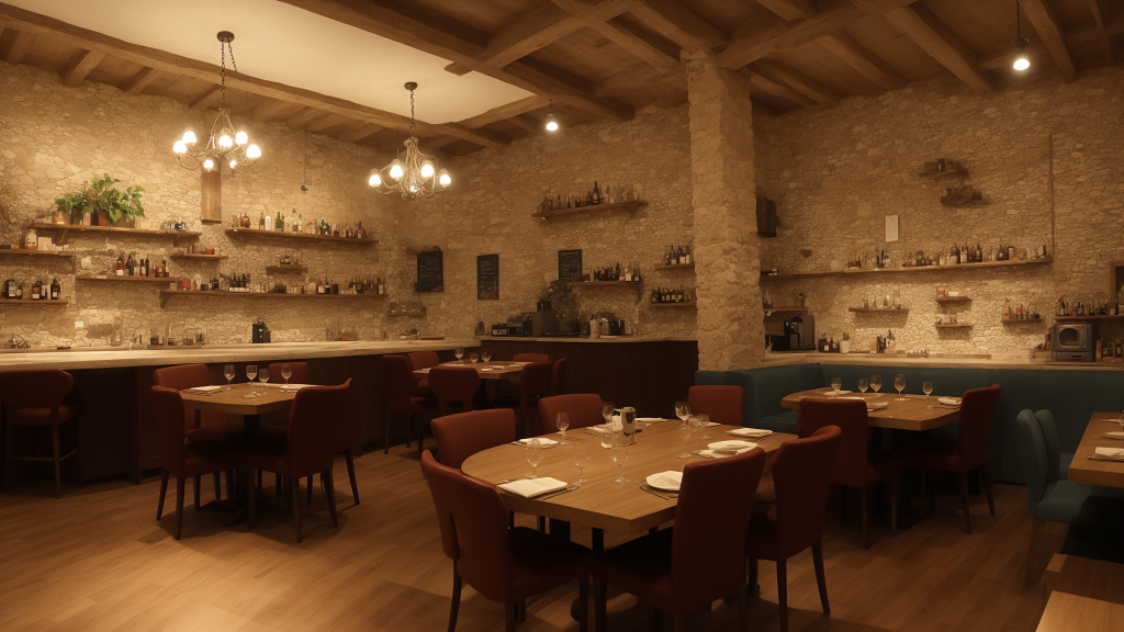 un restaurante con mesa y sillas y una barra en el fondo con estantes de botellas en la pared, Enguerrand Quarton, vray, una representación digital, románico