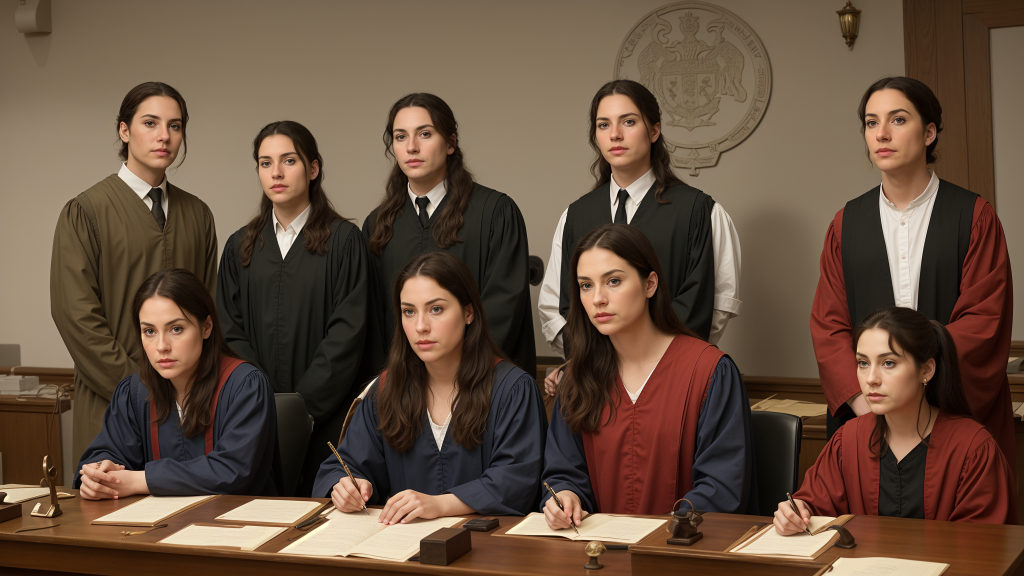 un grupo de mujeres sentadas en una mesa con papeles y bolígrafos frente a ellas y un juez al fondo, De Hirsh Margules, imagen promocional, una pintura mate detallada, crítica institucional