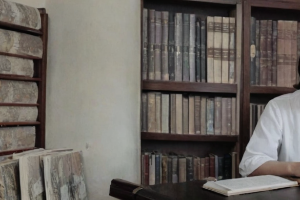 una mujer sentada en un escritorio frente a una estantería llena de libros y una estantería llena de libros, Fernando Amorsolo, vfx, una foto coloreada, escuela de quito