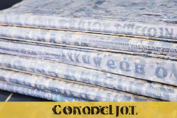 una pila de periódicos encima de una mesa junto a un borde amarillo con las palabras felicitaciones, Conrad Marca-Relli, textura de papel, una xilografía, prensa privada