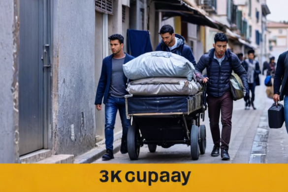 un grupo de hombres caminando por una calle junto a un carro con bolsas y un cartel que dice 3k cuppay, Avgust Černigoj, 8 k uhd, una foto de archivo, hurufiyya