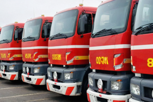 Una fila de camiones rojos estacionados en un estacionamiento uno al lado del otro en un día nublado sin gente, Cao Zhibai, malla de alambre, un rompecabezas, prensa privada