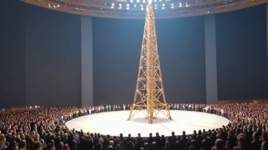 una gran multitud de personas paradas alrededor de un escenario con una torre en el medio y un hombre parado en el escenario, David Alfaro Siqueiros, óleo, una escultura abstracta, arte povera