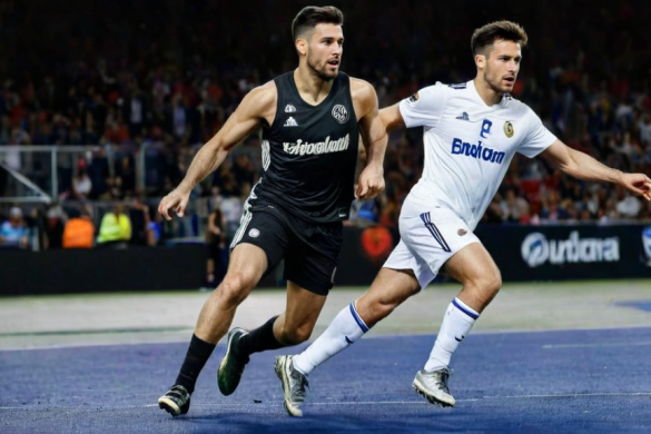 Dos hombres están jugando al fútbol en un campo con una multitud mirándolos desde las gradas y una multitud mirándolos desde las gradas, Carles Delclaux Is, foto realista, una pintura renacentista, plasticien