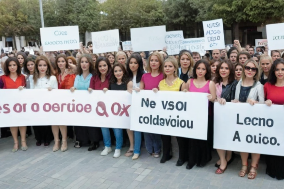 un grupo de mujeres sosteniendo carteles frente a un edificio con árboles al fondo y un hombre parado detrás de ellas, Avgust Černigoj, vfx, una fotografía de archivo, nueva objetividad