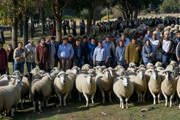 un grupo de personas de pie alrededor de un rebaño de ovejas en un campo con árboles al fondo y un hombre con una camisa azul parado frente a un grupo de ovejas, Andreas Gursky, fotografía premiada, una foto de archivo, incoherentes