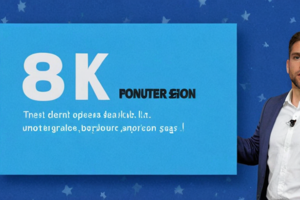 un hombre parado junto a un cartel que dice 8k y un fondo de estrella con fondo azul, Bálint Kiss, 8k, una fotografía de archivo, estilo tipográfico internacional