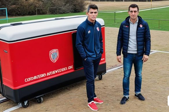 dos homes al costat d'una nevera en un camp d'herba i terra amb un camp de futbol al fons, Dahlov Ipcar, futur, una representació digital, els automatistes