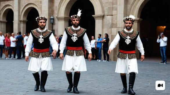 dos homes amb vestits grecs tradicionals caminant davant d'un edifici amb gent al seu voltant i parlant entre ells, regionalisme, un barroc flamenc, medieval, Altoon Sultan