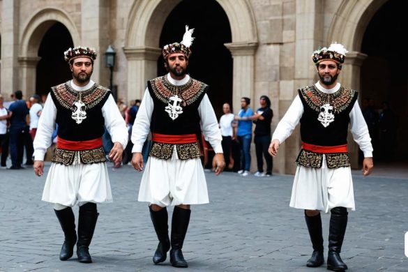 dos homes amb vestits grecs tradicionals caminant davant d'un edifici amb gent al seu voltant i parlant entre ells, regionalisme, un barroc flamenc, medieval, Altoon Sultan
