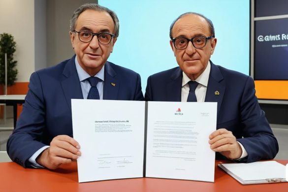 dos homes vestits asseguts a una taula amb papers amb un fons blau darrere i una pantalla blava darrere, nom de Carlos Trillo, mitjans oficials, una foto d'estoc, arbeitsrat für kunst