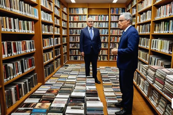 dos homes vestits dempeus en una biblioteca plena de llibres i revistes a les prestatgeries amb fileres de llibres, Antônio Parreiras, col·lecció de criteris, un retrat, art acadèmic