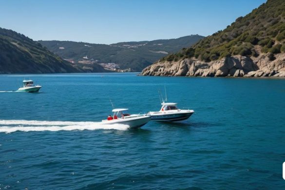 dues barques viatgen a l'aigua prop d'una serralada i una massa d'aigua amb un vaixell a dins, bascove, vista panoràmica, una fotografia d'estoc, incoherents