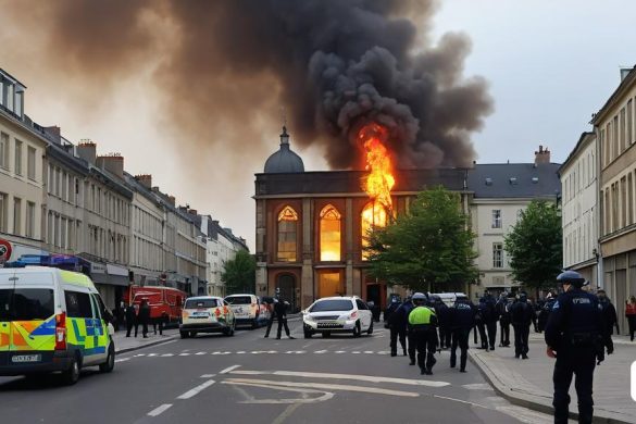 s'està produint un incendi en un edifici d'un carrer amb la policia davant seu i un incendi surt de l'edifici, De Hirsh Margules, art nou, una representació digital, escola de barbizon