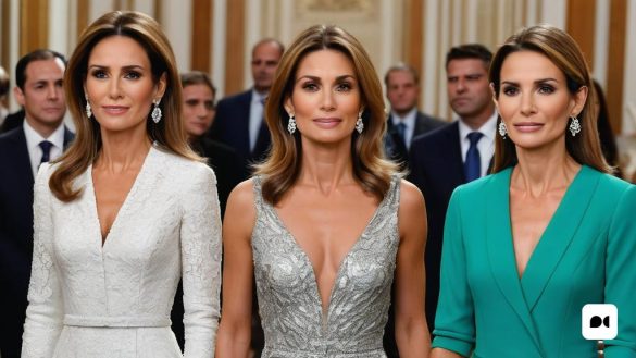 tres dones amb vestits una al costat de l'altra davant una multitud d'homes i dones amb vestit, Florence Engelbach, cares perfectes, una pintura renaixentista, figurativisme