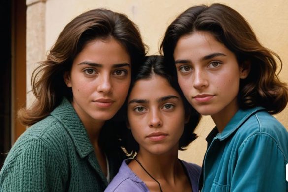 tres dones es posen juntes per a una foto davant d'un edifici amb una paret groga al darrere i una porta groga, Art Brenner, kodachrome, una foto acolorida, hiperrealisme