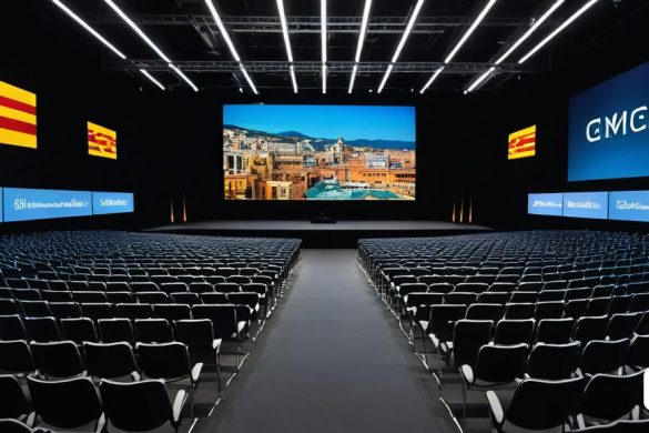 un gran auditori amb fileres de cadires i una pantalla de projecció al fons amb un skyline de la ciutat a la paret, Arthur B. Carles, cinema, una renderització digital, incoherents
