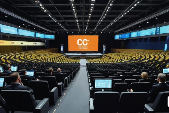 un gran auditori amb fileres de seients i una pantalla que mostra un 30 a la paret i una fila d'ordinadors portàtils al terra, Edi Rama, cinema, infografia, estil tipogràfic internacional