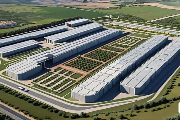 un gran edifici amb moltes finestres i molts arbres al davant i una carretera que el travessa, Dahlov Ipcar, elysium, una renderització digital, superplana