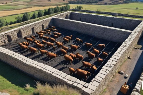 un gran grup de vaques en un recinte de pedra amb un home al seu costat i un home al seu costat, Donald Judd, vista isomètrica, un trencaclosques, crítica institucional
